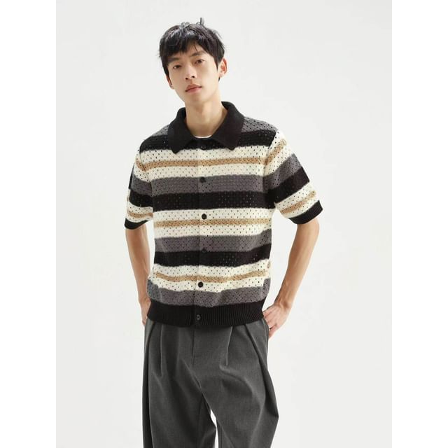 Adothuiastic-Short-Sleeve Collared Striped Button-Up Knit Top