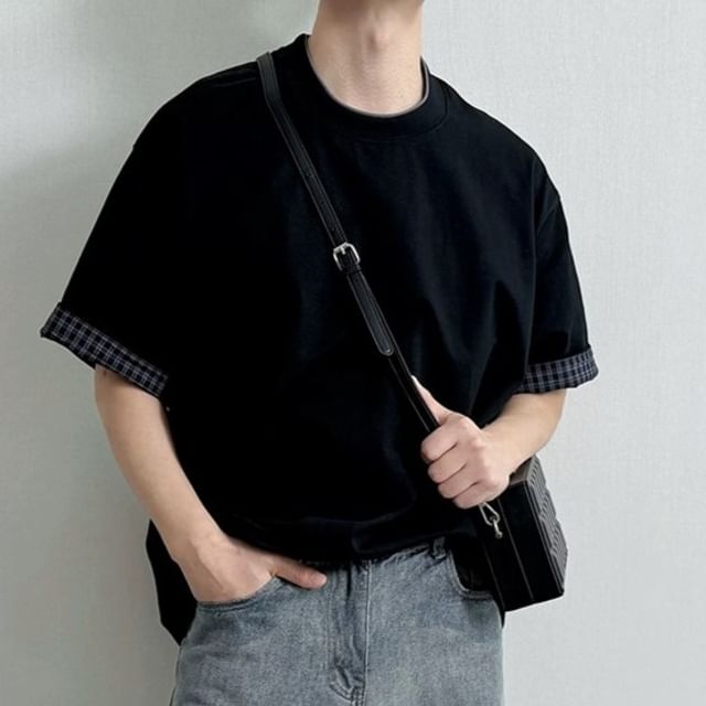 Adothuiastic-Short Sleeve Crew Neck Plaid Panel T-Shirt