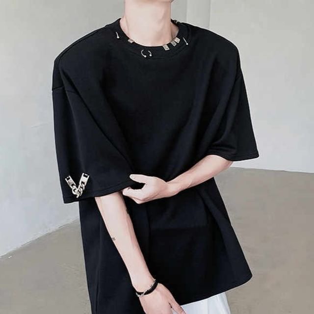 Adothuiastic-Short Sleeve Crew Neck Plain Chain T-Shirt
