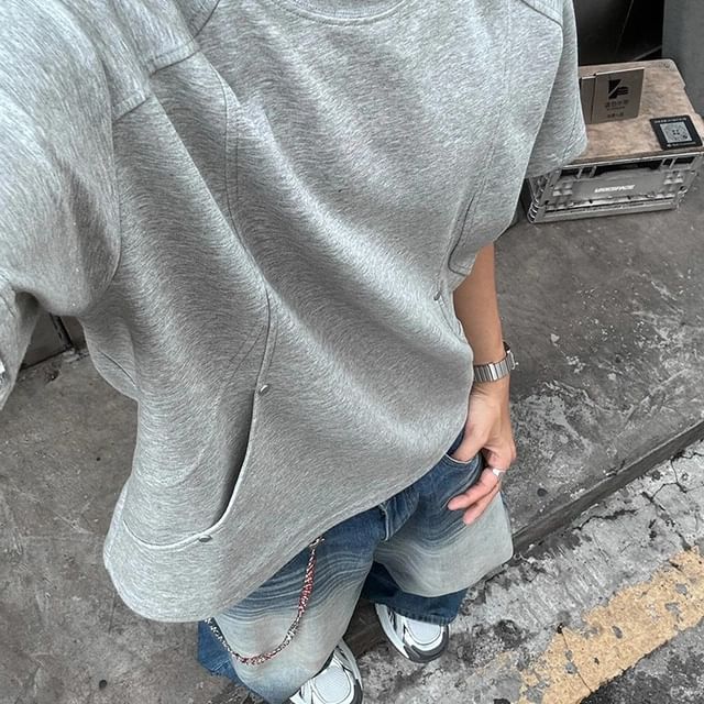 Adothuiastic-Short Sleeve Crew Neck Plain Studded Panel T-Shirt