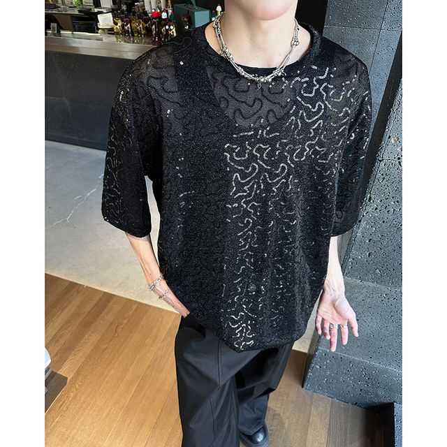 Adothuiastic-Short-Sleeve Crew Neck Sequined T-Shirt