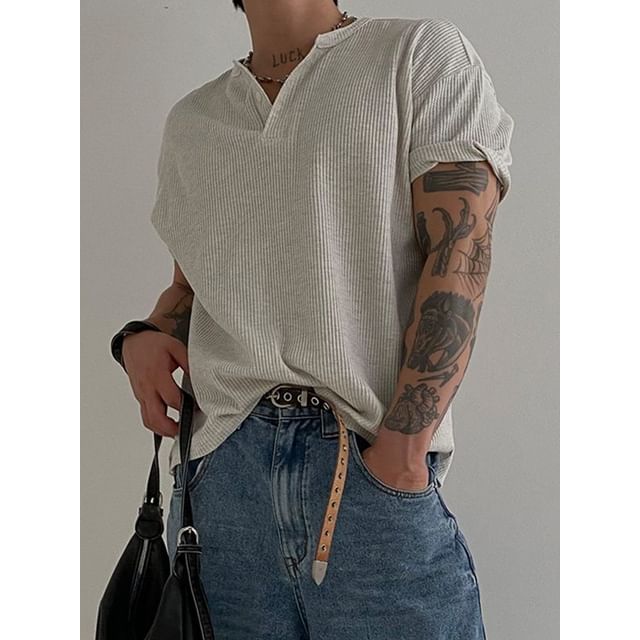 Adothuiastic-Short-Sleeve Henley Ribbed Plain T-Shirt
