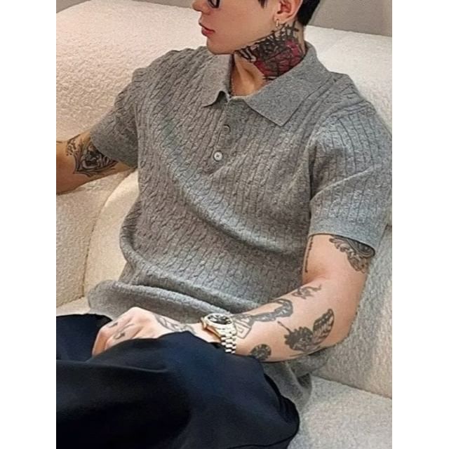 Adothuiastic-Short-Sleeve Plain Knit Polo Top