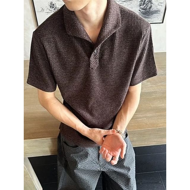Adothuiastic-Short-Sleeve Ribbed Plain Knit Polo Top