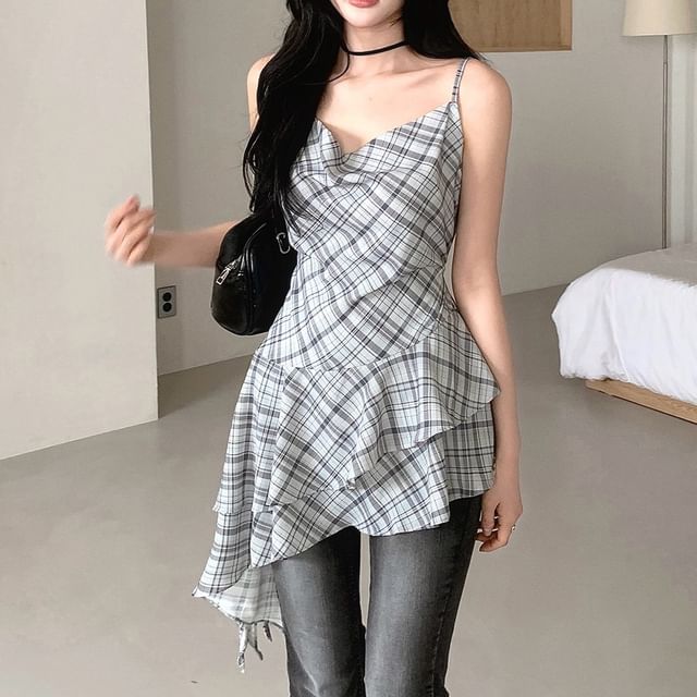 Alfie-Cowl Neck Plaid Asymmetrical Cami Top