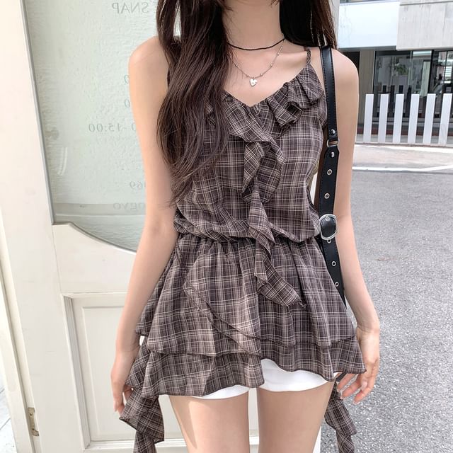 Alfie-V-Neck Plaid Ruffle Camisole Top