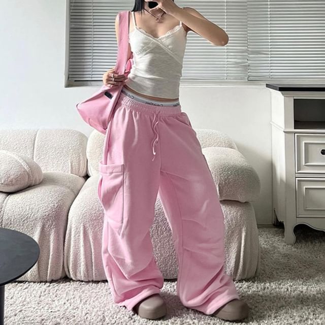 Alizio-Drawstring Waist Plain Baggy Cargo Sweatpants