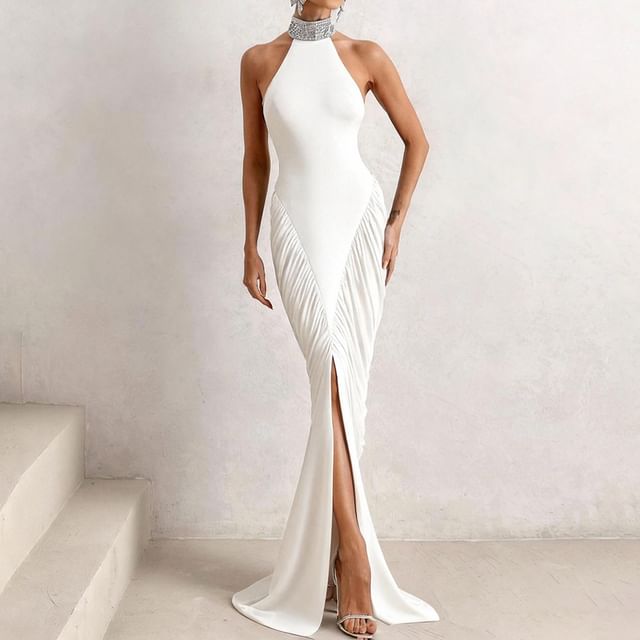 Halter Mock Neck Plain Rhinestone Ruched Slit Maxi Sheath Dress
