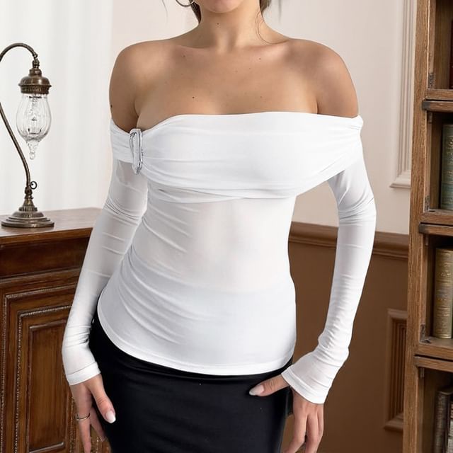 Alizio-Long Sleeve Off Shoulder Plain Buckled Top