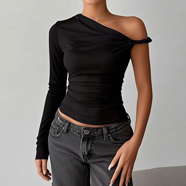 Alizio-Long Sleeve One Shoulder Plain Top