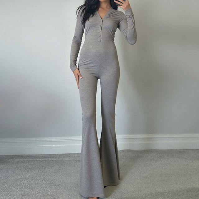 Alizio-Long-Sleeve V-Neck Plain Flared Jumpsuit
