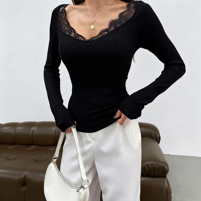 Alizio-Long Sleeve V-Neck Plain Panel Lace Top