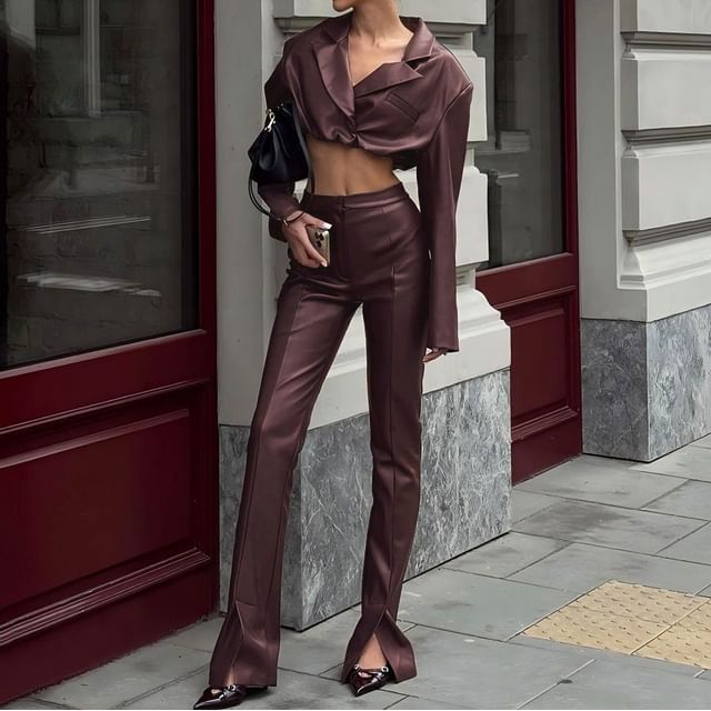 Alizio-Set Notch Lapel Plain Faux Leather Cropped Button Jacket High Waist Slit Straight Leg Pants