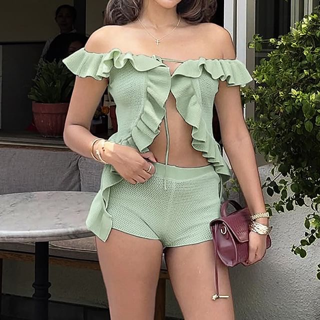 Alizio-Set Sleeveless Off Shoulder Plain Ruffle Panel Tie Front Top High Waist Shorts