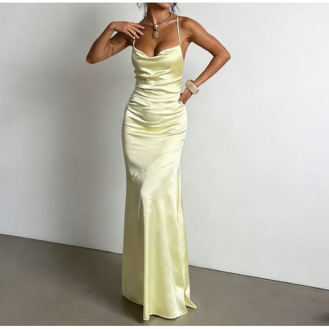 Alizio-Spaghetti Strap Cowl Neck Plain Open-Back Satin Maxi Bodycon Dress