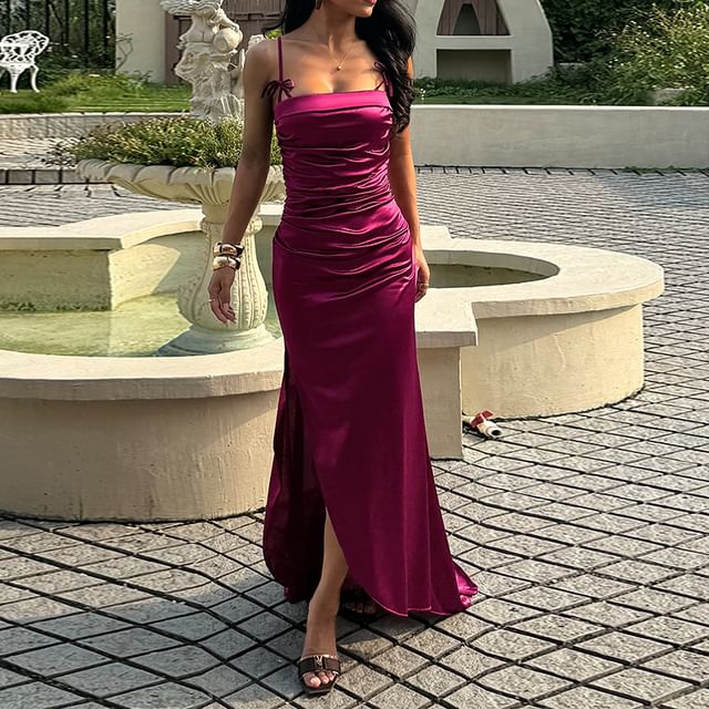 Alizio-Spaghetti Strap Plain Maxi Mermaid Dress