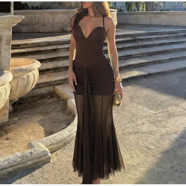 Alizio-Spaghetti Strap Sweetheart Neck Plain Ruched Panel Mesh Maxi Mermaid Dress