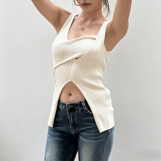 Allinya-Asymmetrical Neck Plain Slit Knit Tank Top