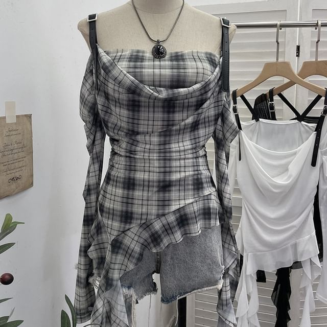 Allinya-Asymmetrical Plaid Ruffled Camisole Top