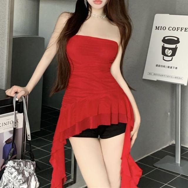 Allinya-Asymmetrical Plain Shirred Ruffled Tube Top