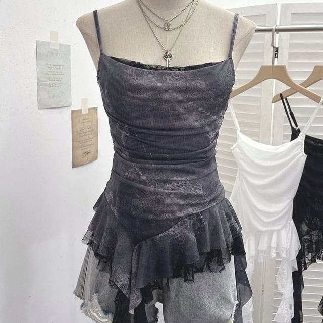 Allinya - Asymmetrical Ruffle Trim Lace Panel Mesh Slim Fit
