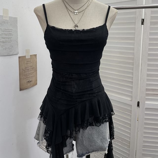 Allinya - Asymmetrical Ruffle Trim Lace Panel Mesh Slim Fit