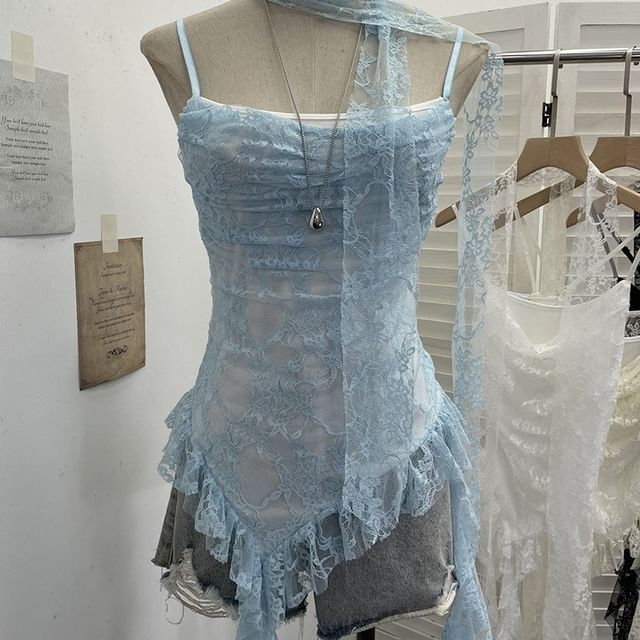 Allinya - Set: Asymmetrical Ruffle Trim Lace Slim Fit