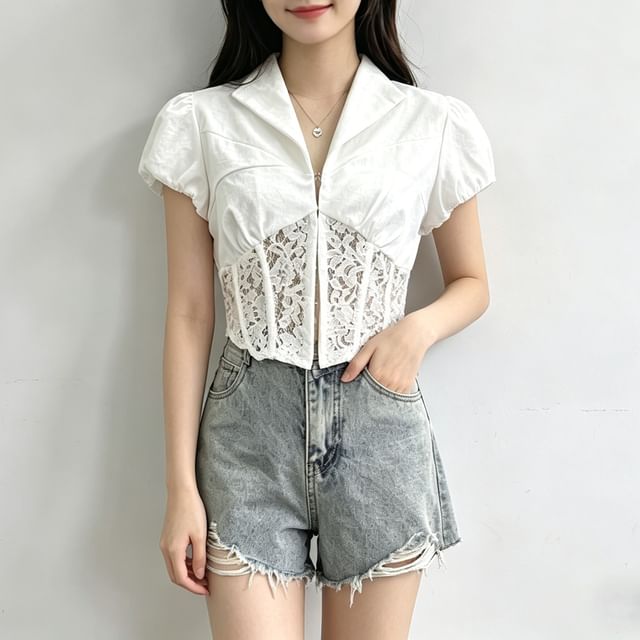 Allinya-Cap Sleeve Collared Plain Panel Lace Crop Blouse