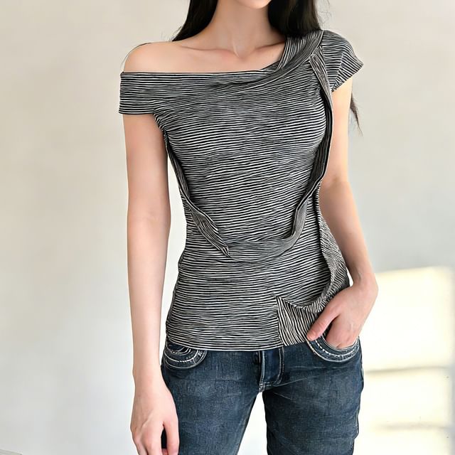 Allinya-Cap Sleeve One Shoulder Striped Panel Top