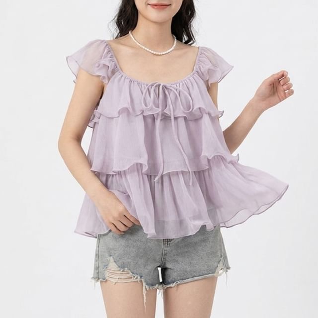 Allinya-Cap-Sleeve Square Neck Ruffle Sheer Plain Crop Blouse