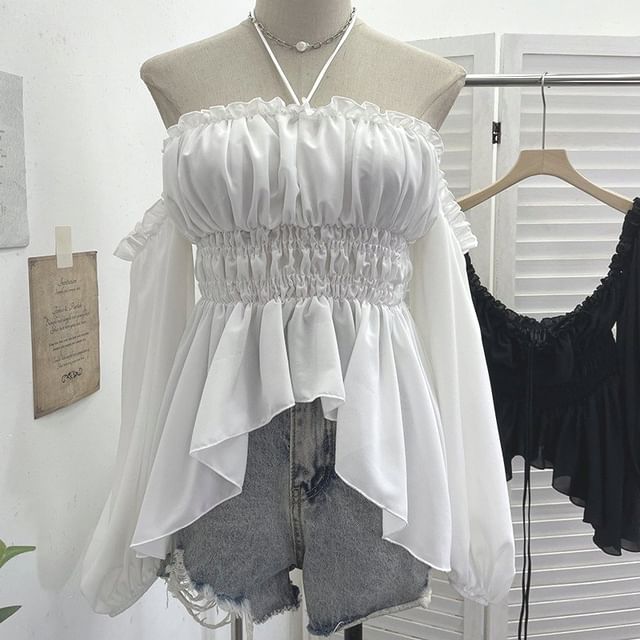 Allinya-Cold-Shoulder Puff-Sleeve Plain Smocked Ruffled Blouse