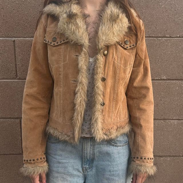 Allinya-Collared Studded Panel Faux Fur Button Jacket