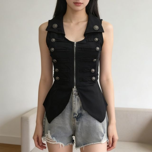 Allinya-Collared Zip-Up Plain Slit Crop Vest