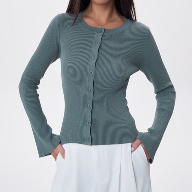 Allinya-Crew Neck Button-Up Plain Crop Cardigan