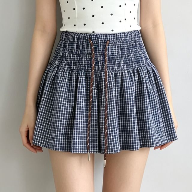 Allinya-Drawstring Waist Plaid Wide Leg Shorts