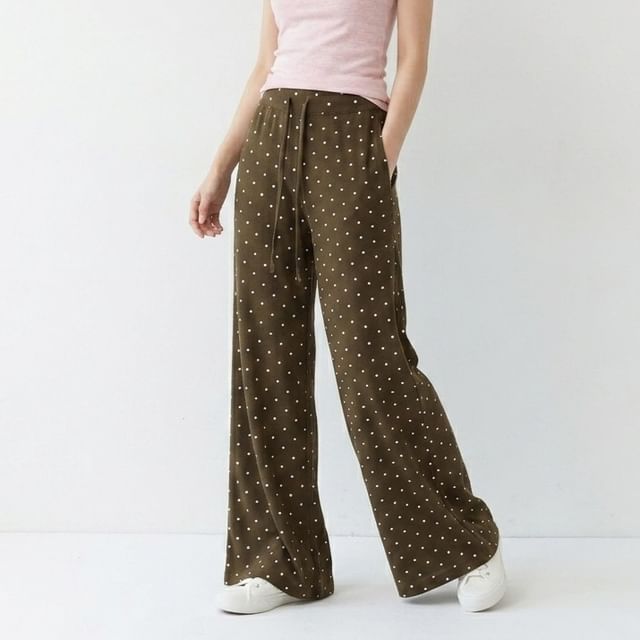 Allinya-Drawstring Waist Polka Dot Flared Pants