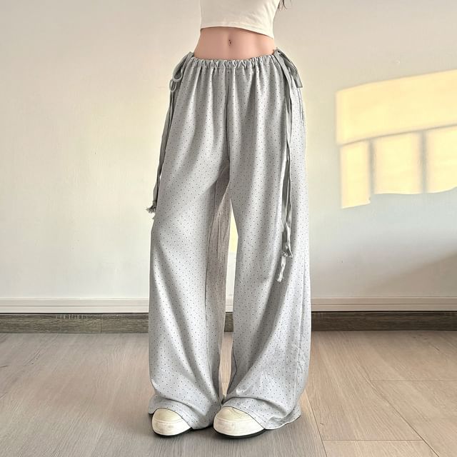 Allinya-Drawstring Waist Polka Dot Wide Leg Pants