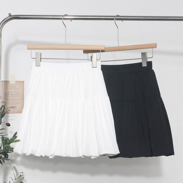 Allinya-Elastic Waist Plain Tiered Mini A-Line Skirt