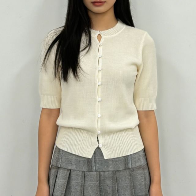 Allinya-Elbow-Sleeve Crew Neck Button-Up Plain Crop Cardigan