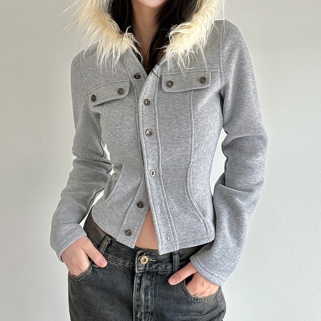 Allinya-Fluffy Trim Hooded Button-Up Crop Jacket