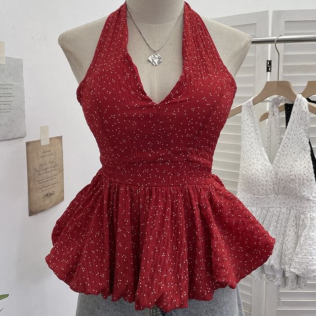 Allinya-Halter Dotted Bubble Hem Peplum Tank Top