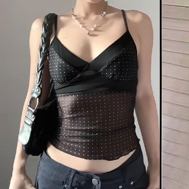 Allinya-Halter Dotted Panel Mesh Top