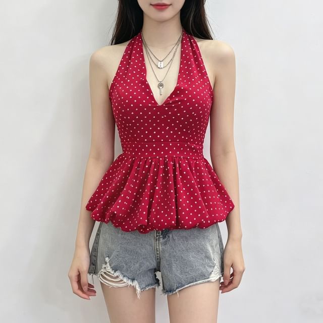 Allinya-Halter Dotted Peplum Padded Top