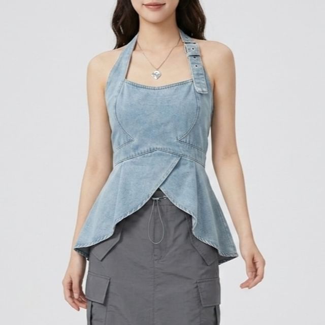 Allinya-Halter Neck Buckled Open Back Denim Crop Top