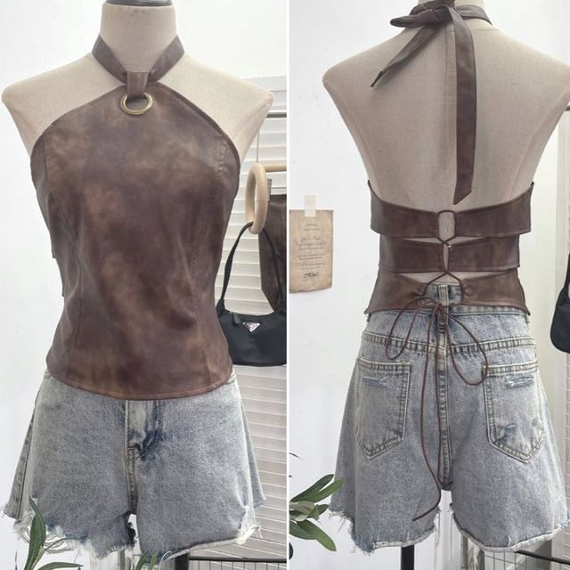 Allinya-Halter-Neck Faux Leather Cutout Top