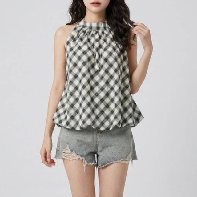 Allinya-Halter Neck Plaid Bubble Hem Top