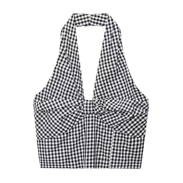 Allinya-Halter Neck Plaid Crop Camisole Top