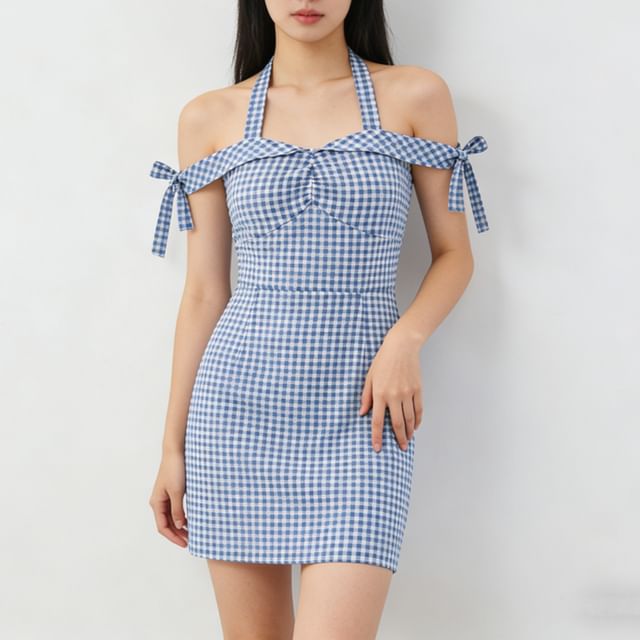 Allinya-Halter Neck Plaid Mini Bodycon Dress