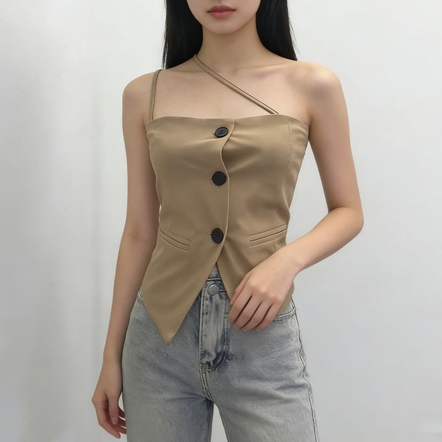 Allinya-Halter-Neck Plain Button-Up Slit Top