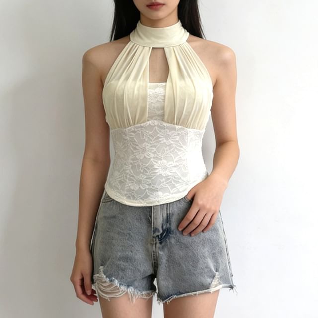 Allinya-Halter Neck Plain Lace Crop Top